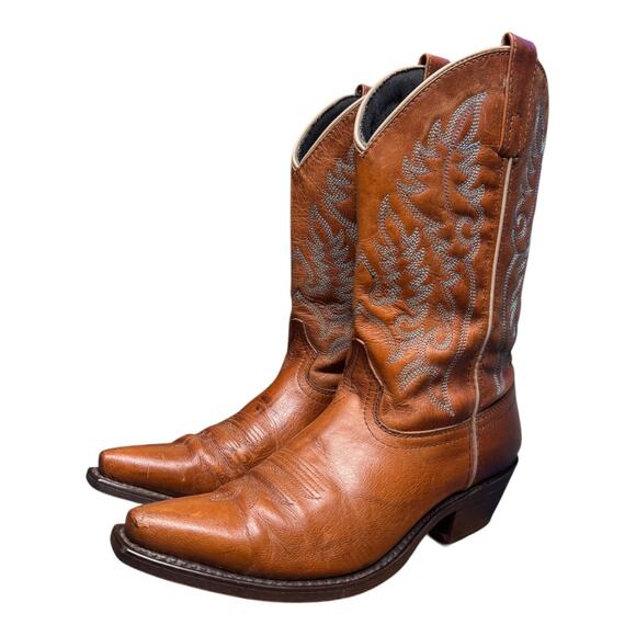 Laredo Shoes - LAREDO Women's 8M Brown Leather Cowboy Pointed ToeBoots Turquoise Stitch Western